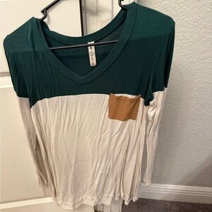 Vanilla Bay Green and Cream Long Sleeve Top with Tan Pocket